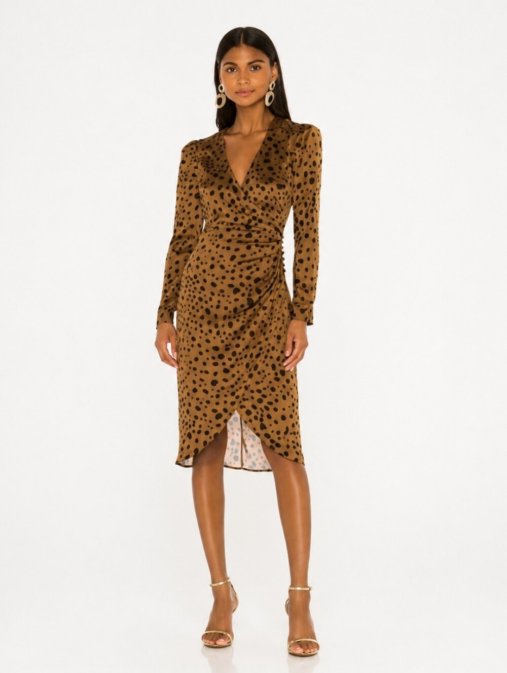 LPA Fabrizia Animal Printed Satin Wrap Midi Dress Size S